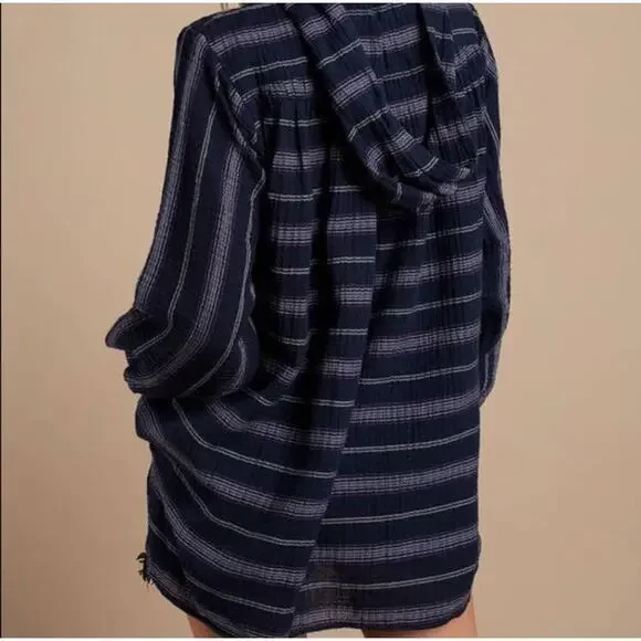 Free People Navy Striped Rolling‎ Clouds Hooded Top Beachy Lightweight - Picture 2 of 6